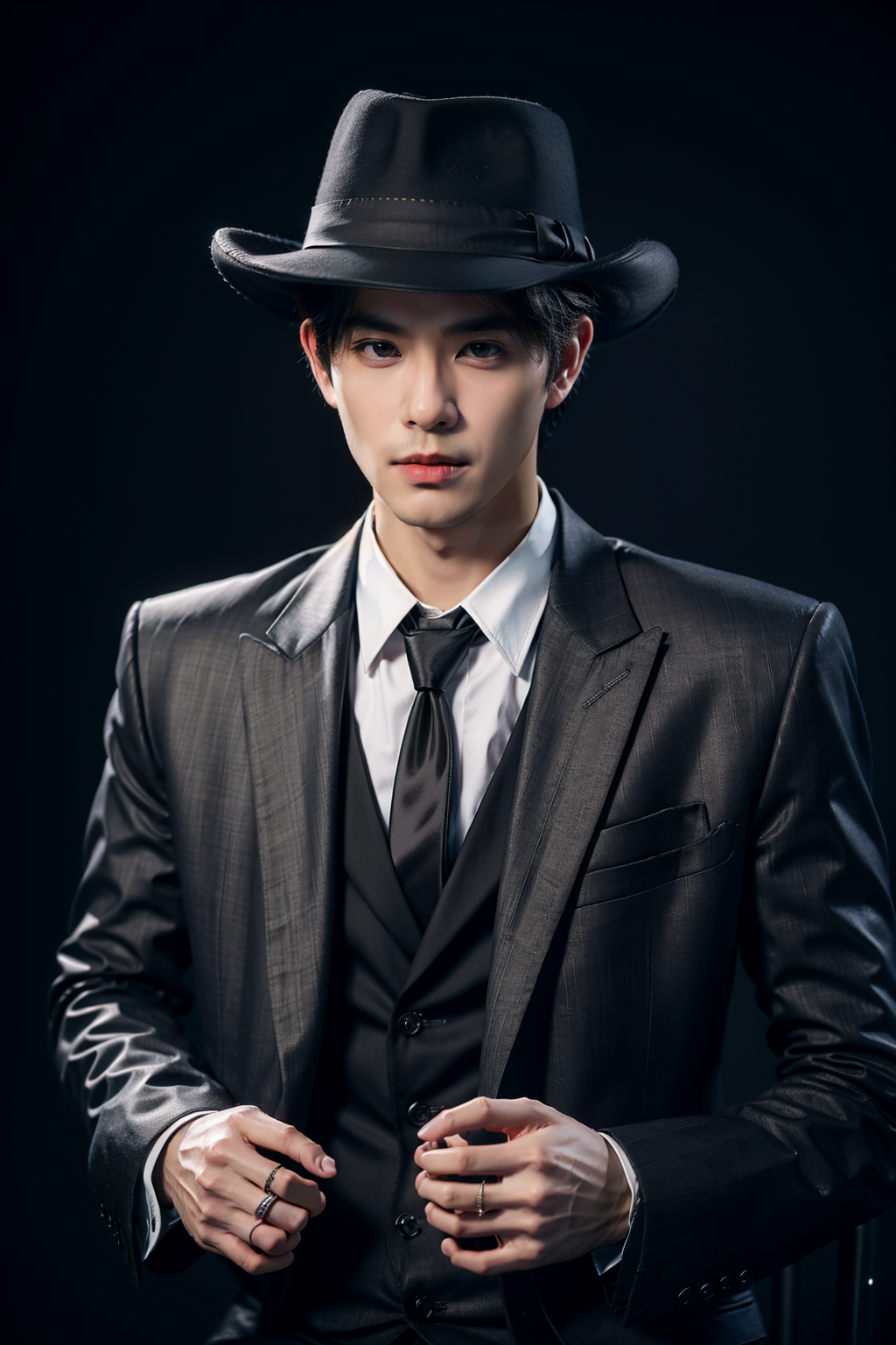 01985-1979124435-sd mai, Suit thug, solo, 1boy, male focus, necktie, hat, black hair, shirt, looking at viewer, black necktie, jacket, white shir.png